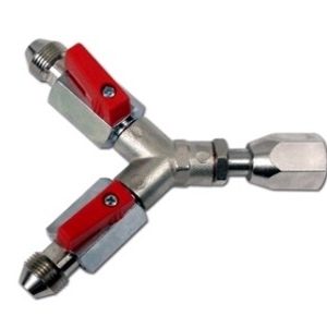 Messing Vernikkeld Y-stuk – 3/8" Flare met Afsluitkranen (2× Flare 3/8" BU)