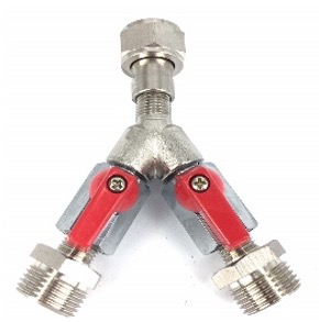 Messing Vernikkeld Y-stuk – 5/8" G met Wartels en Afsluitkranen (2× 5/8" BU)